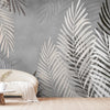Tapete mit tropischen Blättern in Beige und Grau, individuell gestaltet