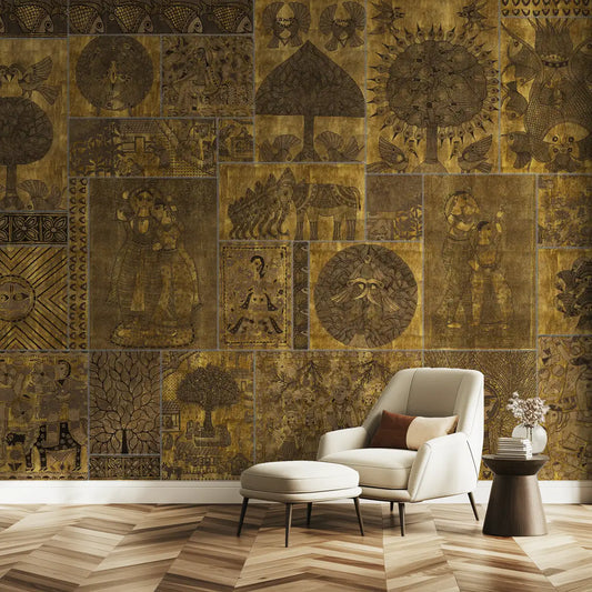 Geet Madhubani Wall Wallpaper, Shimmering gold