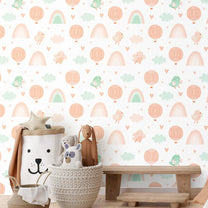Birdies and Unicorns Design Wallpaper Roll in Peach and Green Color