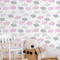 Starry Clouds Design Wallpaper Roll in Pink & Grey Color