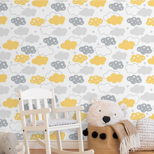 Starry Clouds Design Wallpaper Roll in Yellow and Grey Color