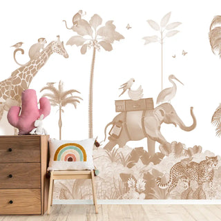 Cute Animal Safari Wallpaper for Kids sepia