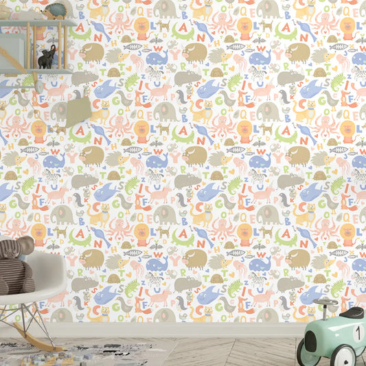 Animals Alphabet Design Wallpaper Roll in Pastels Color