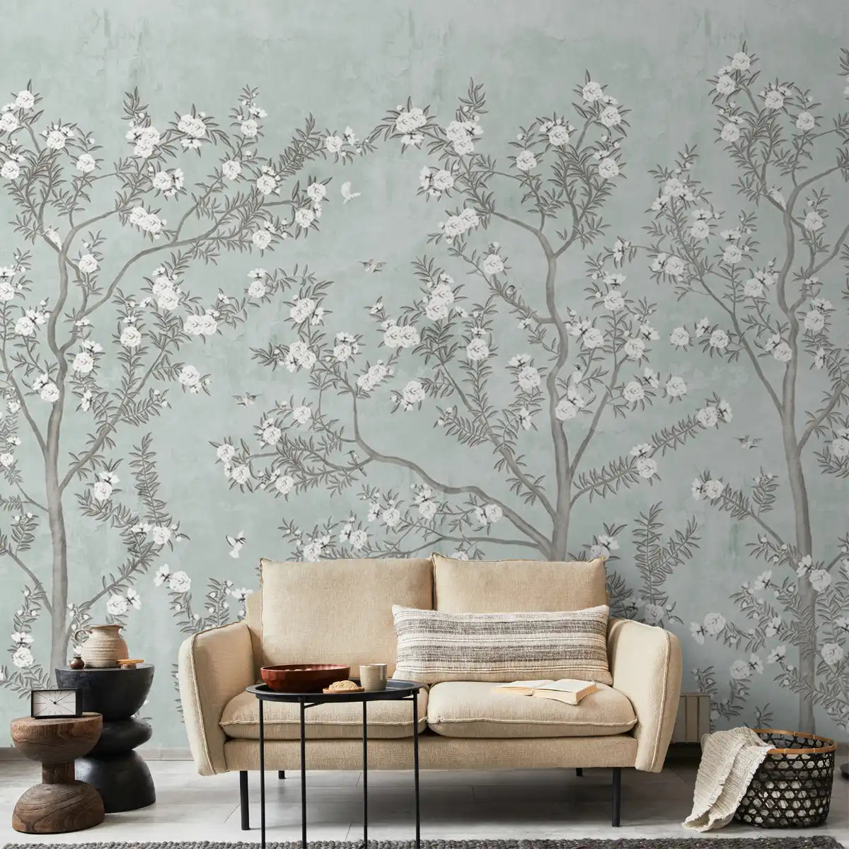 Chinoiserie Pattern Wallpaper for Walls, Customised Light Green