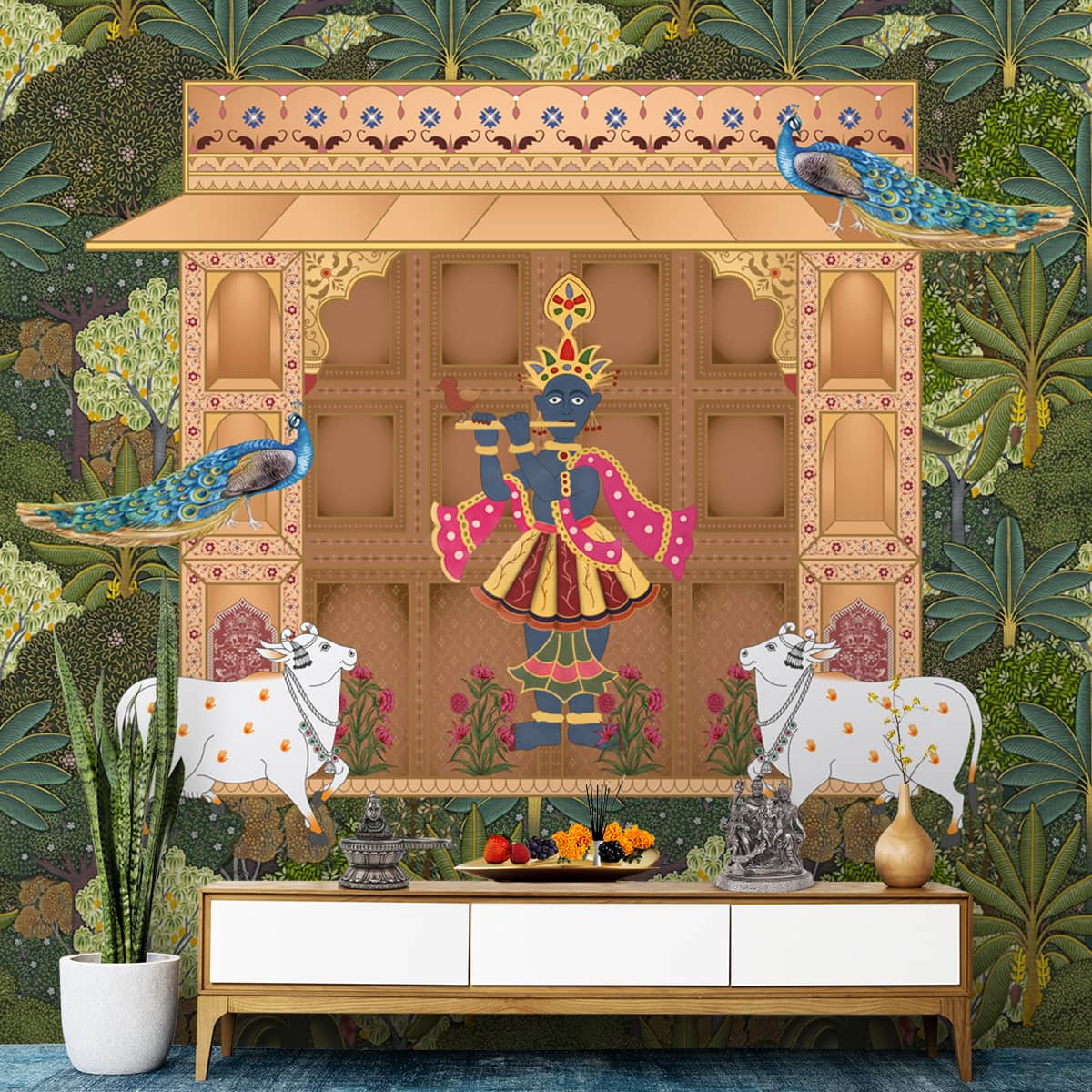 Shrinathji's Garden: Pichwai Inspired Wallpaper for Rooms