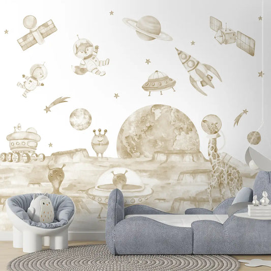 Lets go on a moon walk, Cute kids room wallpaper, Sepia