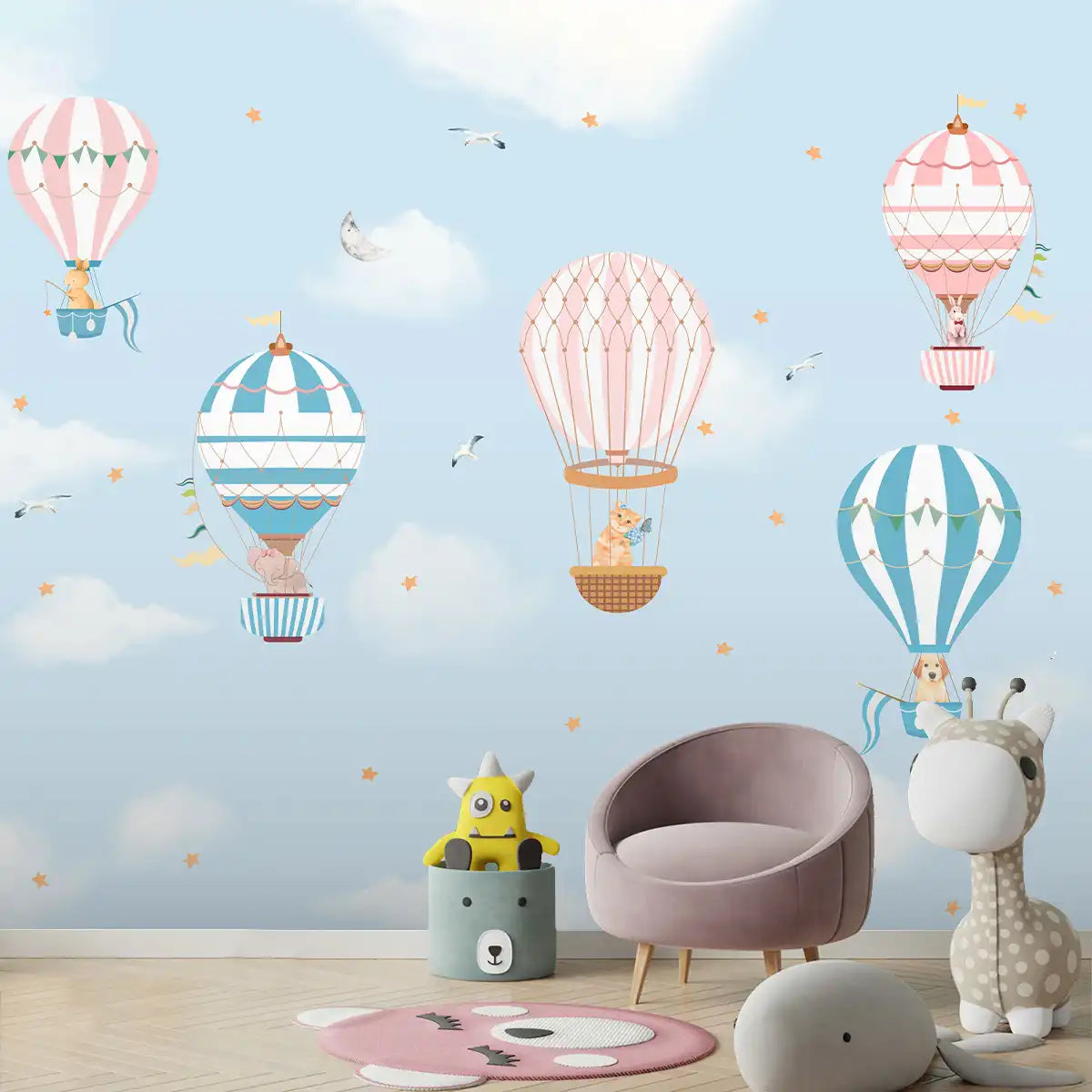 Hot Air Balloons with Animals Wallpaper in Blue Color for Kids Room Walls
