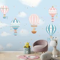 Hot Air Balloons with Animals Wallpaper in Blue Color for Kids Room Walls
