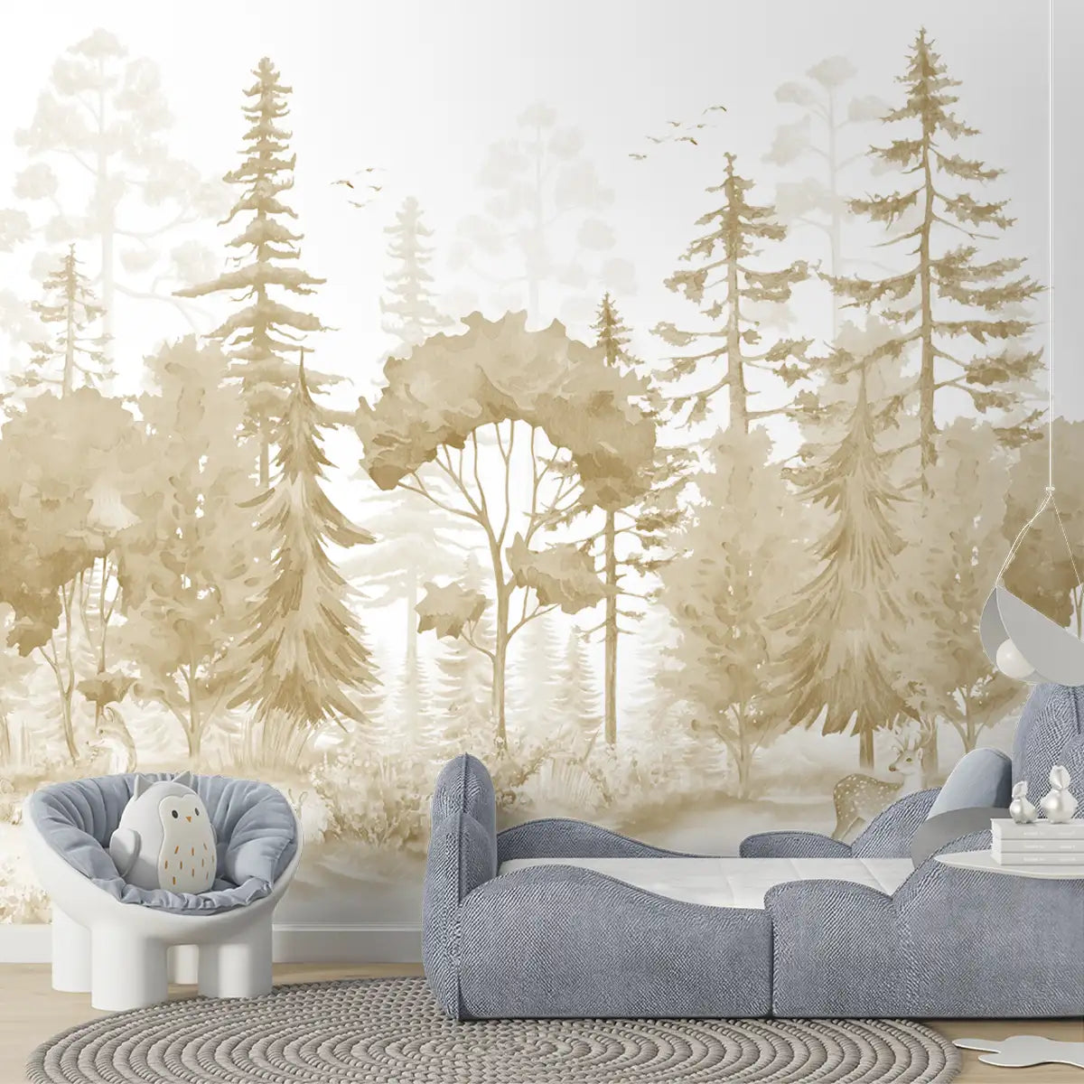 Exotic Jungle Theme Kids Room Wall Covering Sepia Color