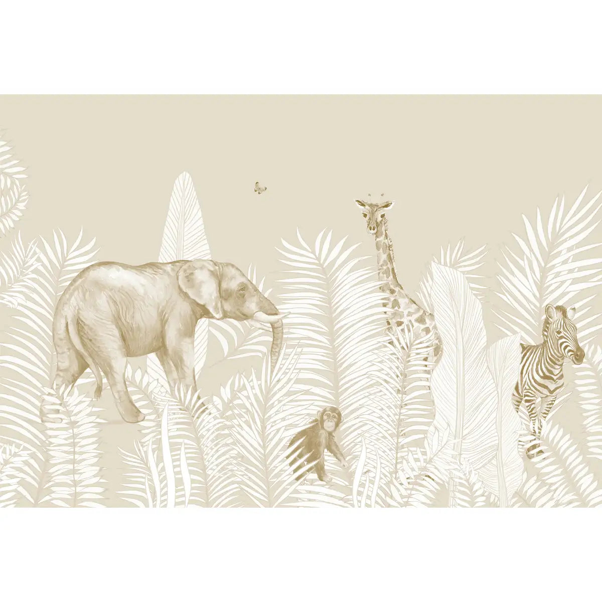 Jungle Animals in White Background, Kids Rooms Customised Wallpaper Beige Color