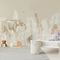 Jungle Animals in White Background, Kids Rooms Customised Wallpaper Beige Color