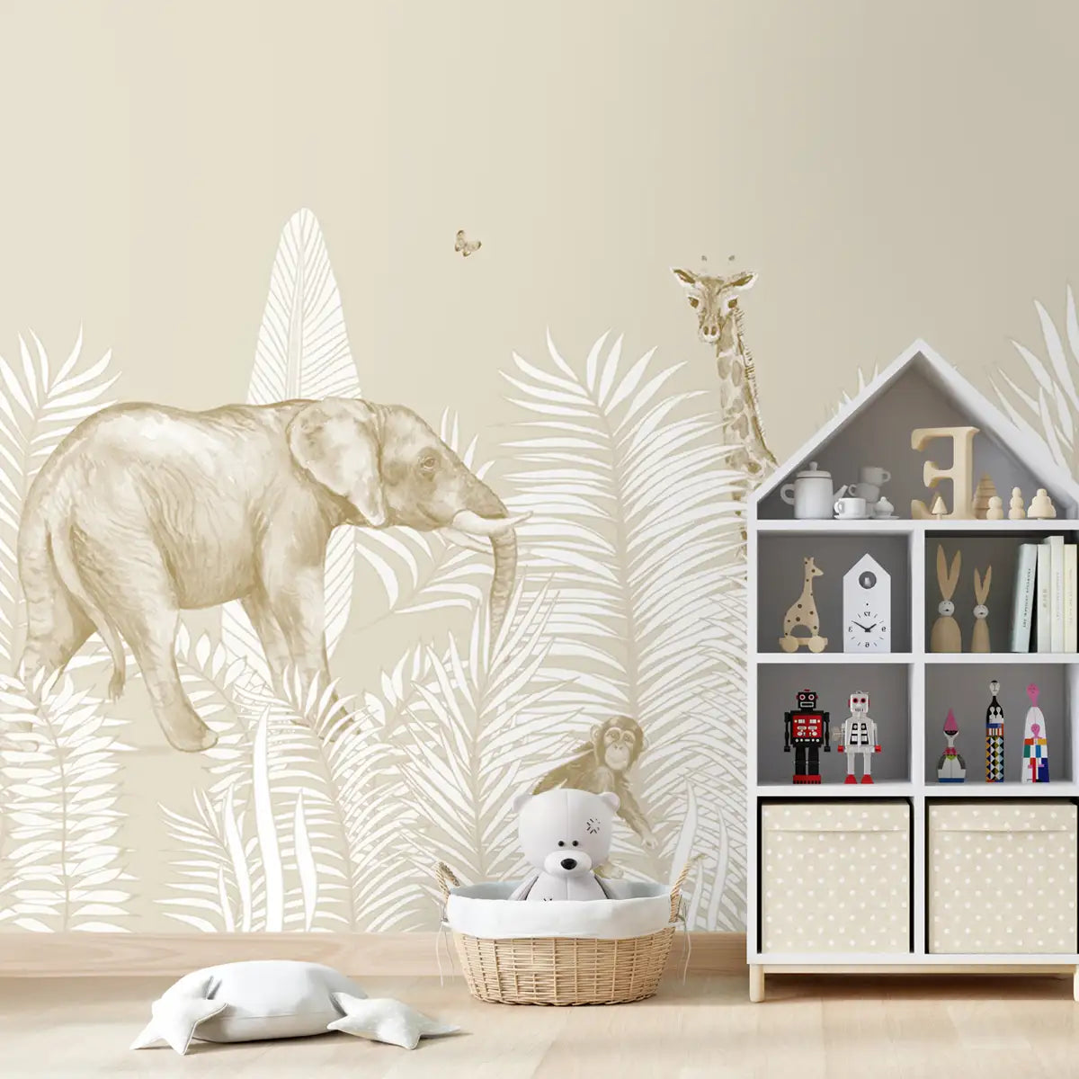 Jungle Animals in White Background, Kids Rooms Customised Wallpaper Beige Color