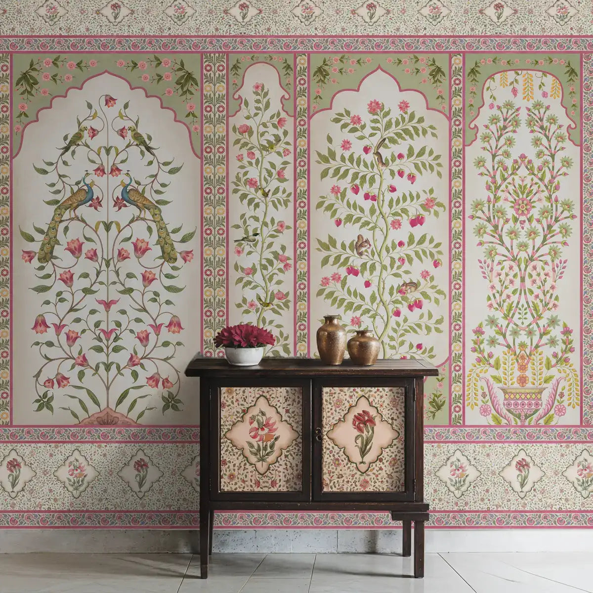 Madhuban Indian Floral Jharoka Wallpaper in Suneherii Collection Pink