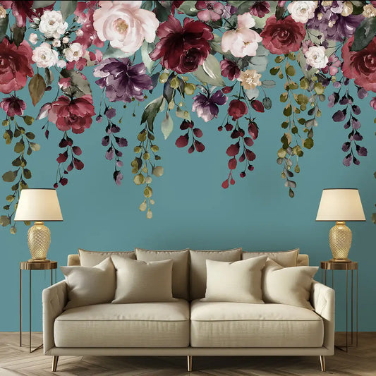 Hanging Floral Pattern Teal Color Wallpaper shop now