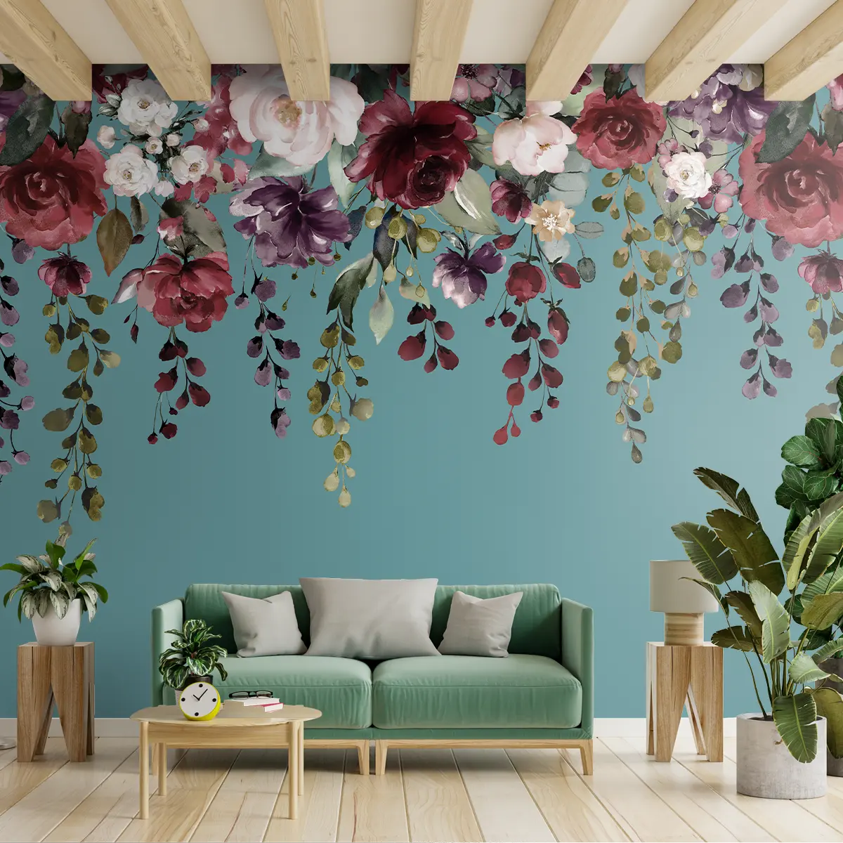 Buy Hanging Floral Pattern Teal Color Wallpaper