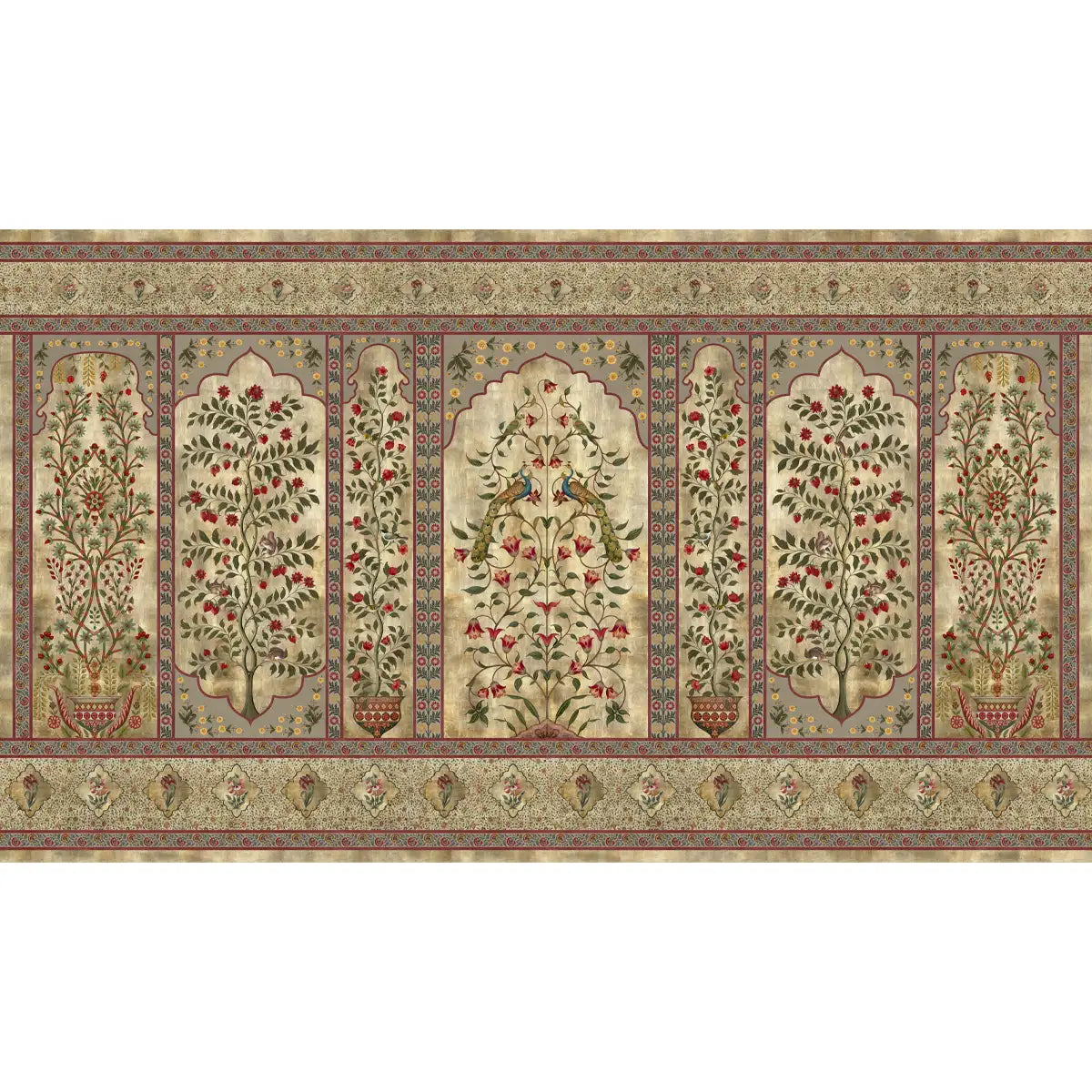 Madhuban Indian Floral Jharoka Wallpaper in Suneherii Collection Golden