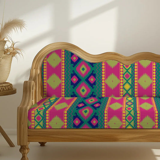 Bandhan Indian Ikkat Pattern Sofa and chair upholstery Fabric fuchsia pink & Green