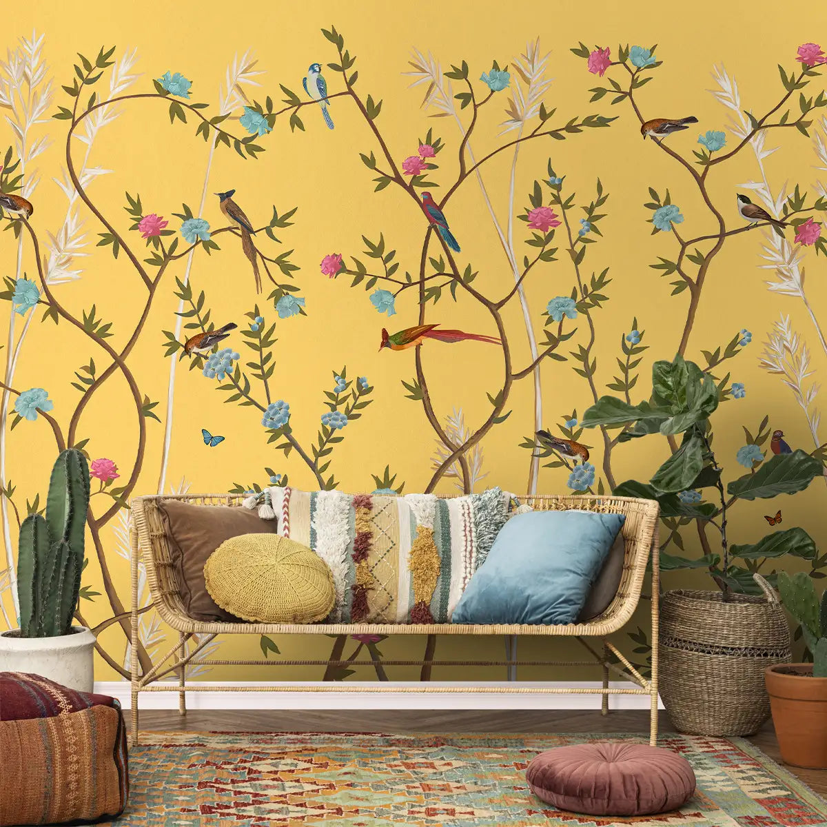 Yellow Chinoiserie Wallpaper with Flowers and Birds, Panels 