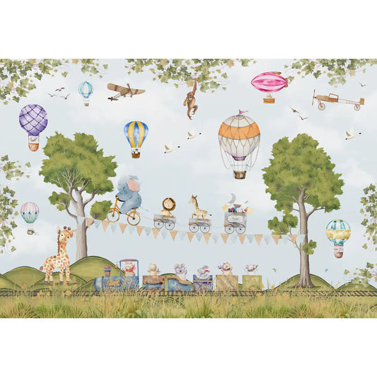 Jungle Joyride Wallpaper for Kids Rooms hot air balloon, glider, animals,
 train 