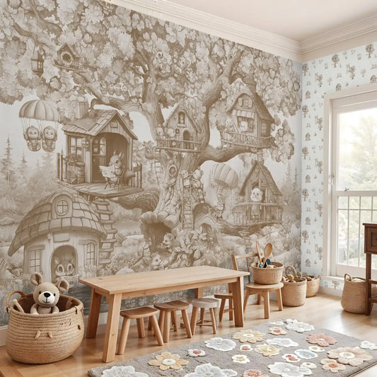 The Tree House Club Kids Room Wallpaper Sepia color