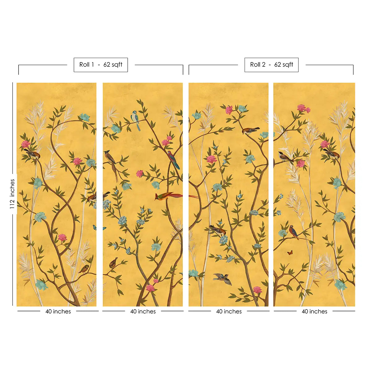 Yellow Chinoiserie Wallpaper with Flowers and Birds, Panels 