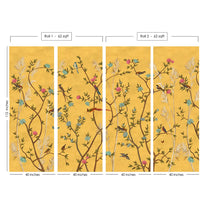 Yellow Chinoiserie Wallpaper with Flowers and Birds, Panels 