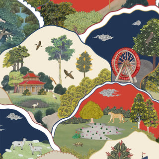 Shop Tales of celestial village Design Wallpaper Roll in Red & Blue Color By Lifencolors