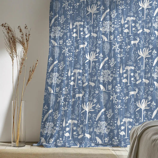 Buy online Flora n Fauna Jungle Pattern Curtain Fabric Blue & White
