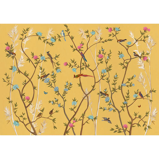 Yellow Chinoiserie Wallpaper with Flowers and Birds, Panels 