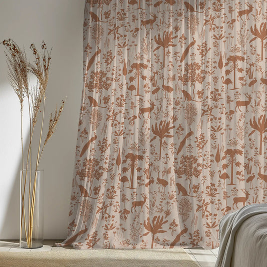 Shop now, Flora n Fauna Jungle Pattern Curtain Fabric Rust Color, tropical, animals, forest