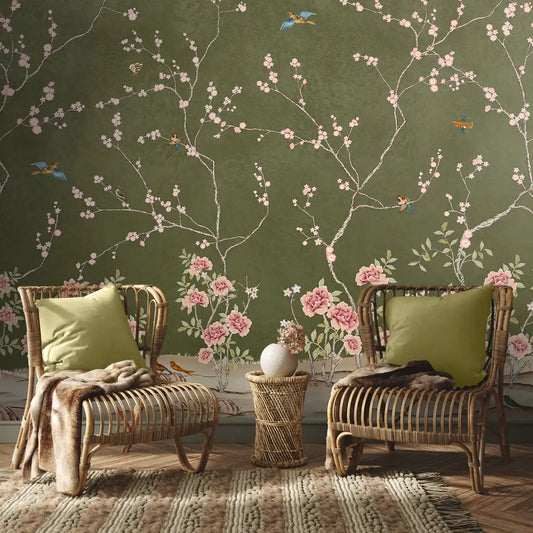 Chinoiserie Pattern Wallpaper Customised Green Color Buy now