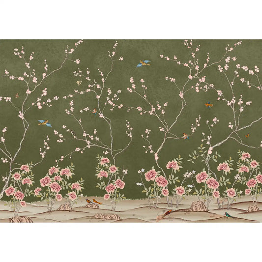 Chinoiserie Pattern Wallpaper Customised Green Color