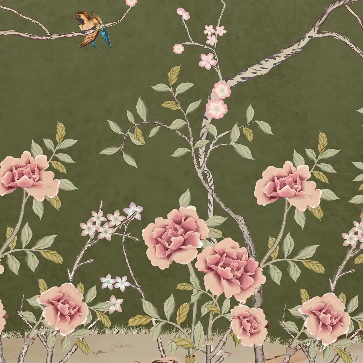 Chinoiserie Pattern Wallpaper Customised Green Color