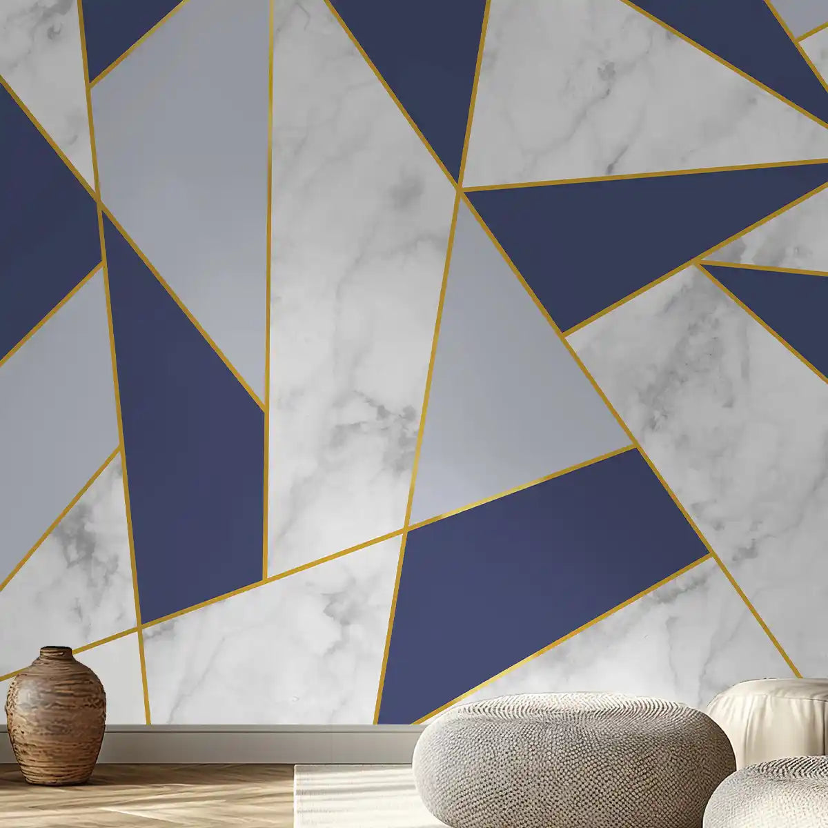 Buy Golden Stripes With Marble Design Room Wallpaper Customised Blue