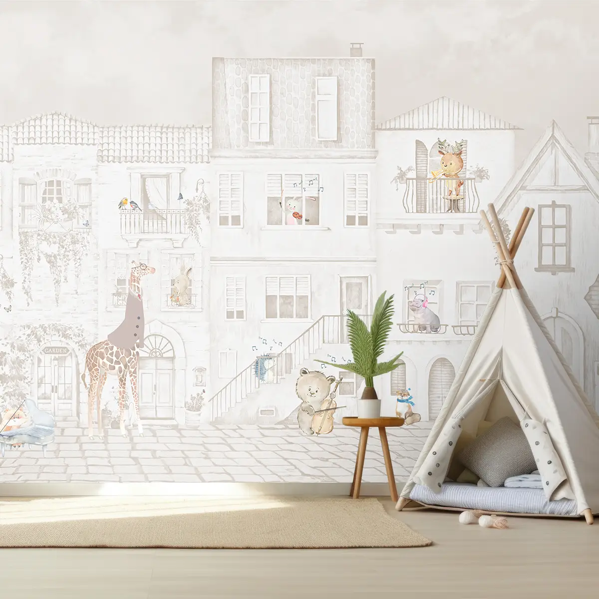 Little Maestros of Italian Streets, Kids Room Wallpaper Ivory mist, Animals with musical instruments