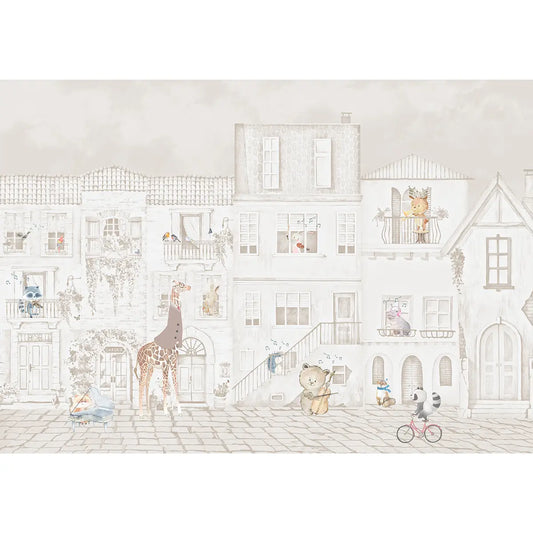 Little Maestros of Italian Streets, Kids Room Wallpaper Ivory mist, Animals with musical instruments, Buy Now 