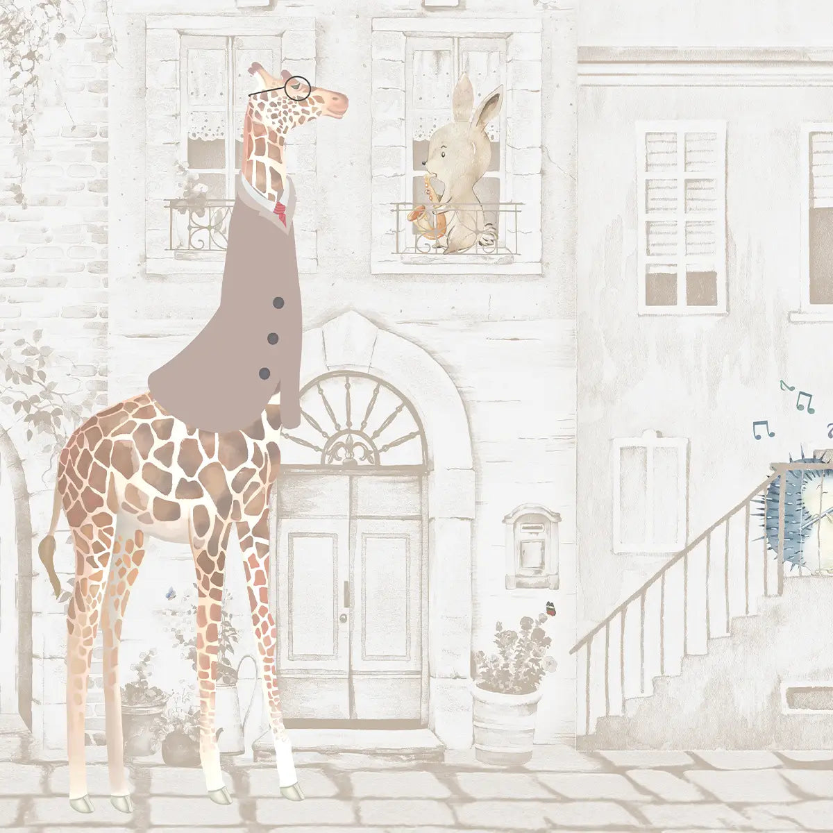 Little Maestros of Italian Streets, Kids Room Wallpaper Ivory mist, Animals with musical instruments