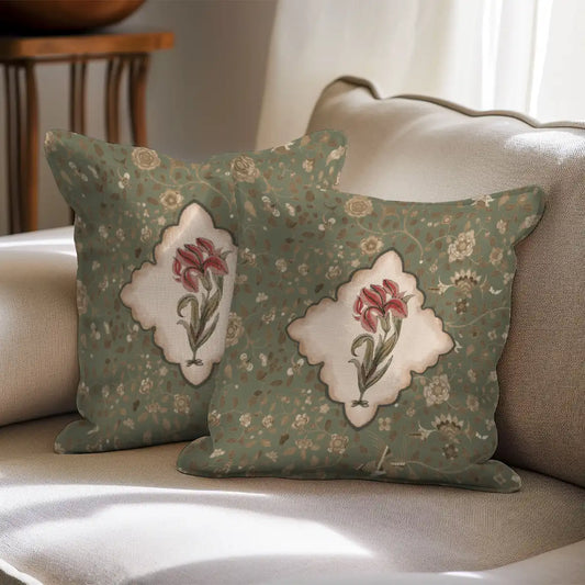 Virasat Cushion Cover, Set of 2, Green Indian Floral Buti Pattern 
