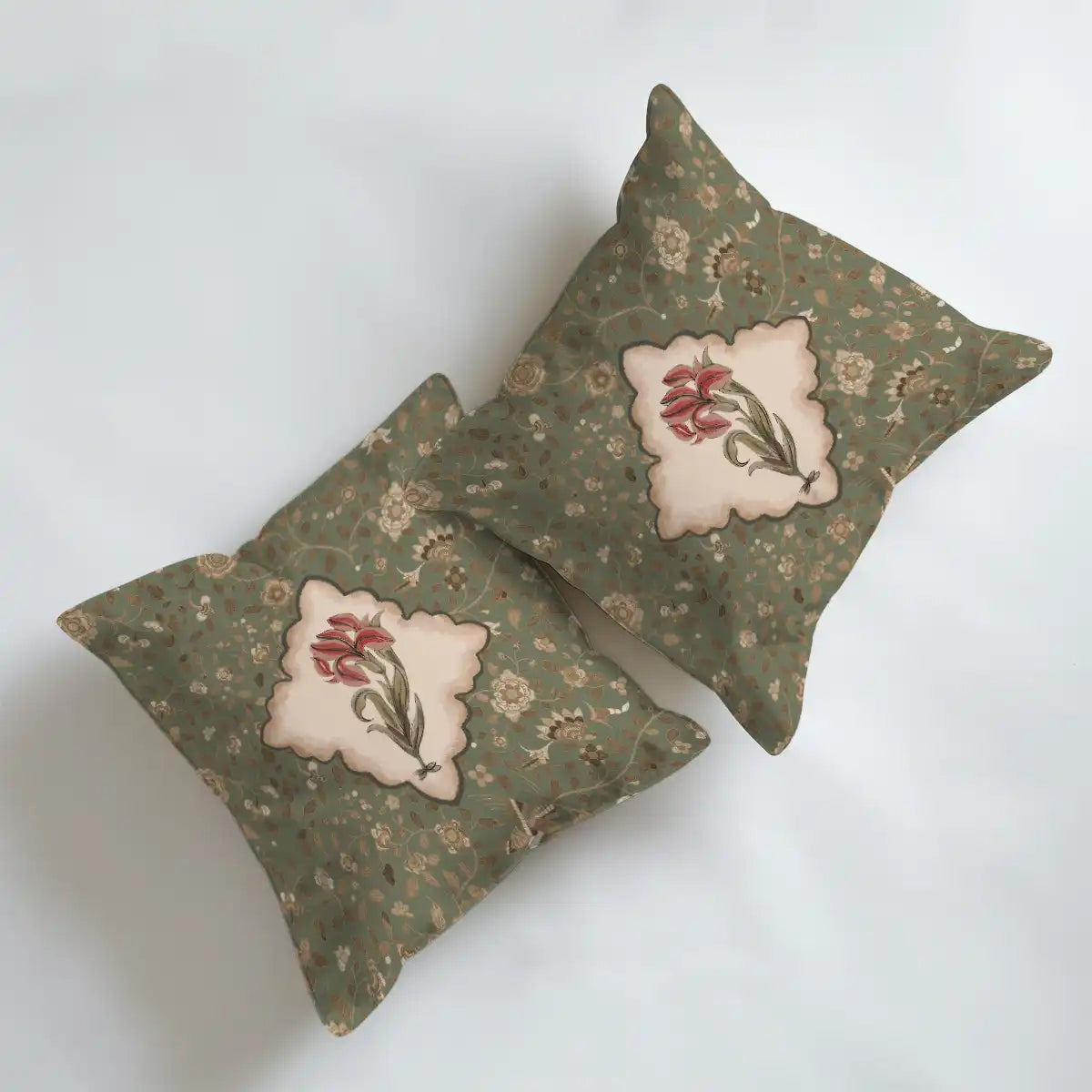 Buy Virasat Cushion Cover, Set of 2, Green Indian Floral Buti Pattern 