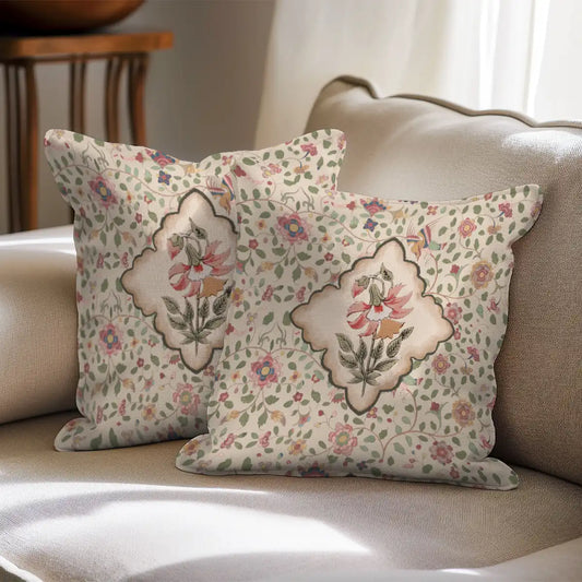Virasat Cushion Cover, Set of 2, Beige Indian Floral Buti Pattern 