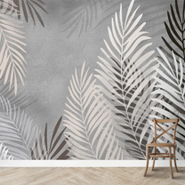 Beige and Grey Background Tropical Leaves Wallpaper, Customised