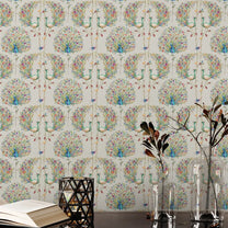 Barkha Indian Peacock Design Wallpaper Roll in Cream Color