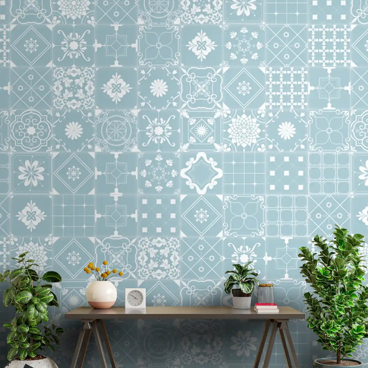 Moroccan Beauty, Light Blue & White Tiles Wallpaper