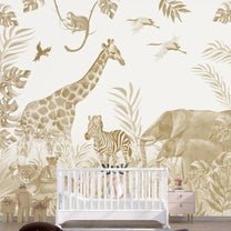 Jungle Theme Kids Room Wallpaper, Giraffe, Elephant, Lioness,Cub, Zebra, Customised Sepia Color