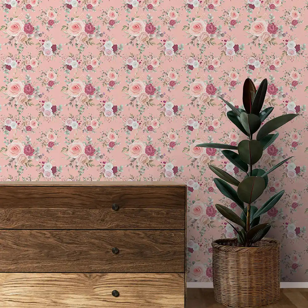 Roses Design Wallpaper Roll in Peach Wanderlust Color