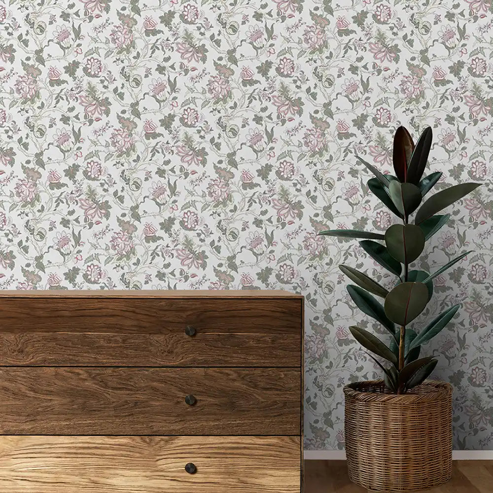 Gardenia Design Wallpaper Roll in Off White Color for Rooms