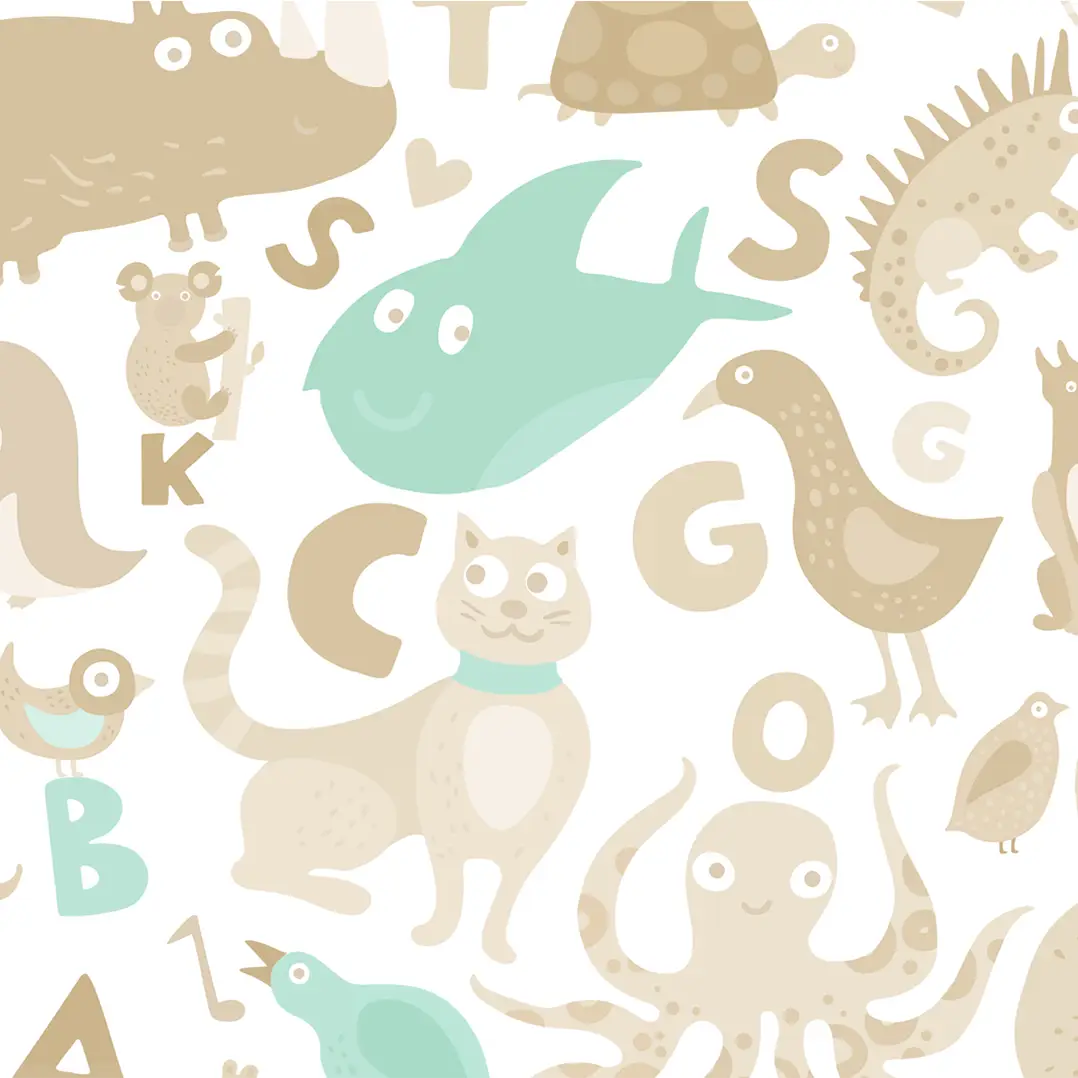 Animals Alphabet Design Wallpaper Roll in Beige & Green Color For Rooms