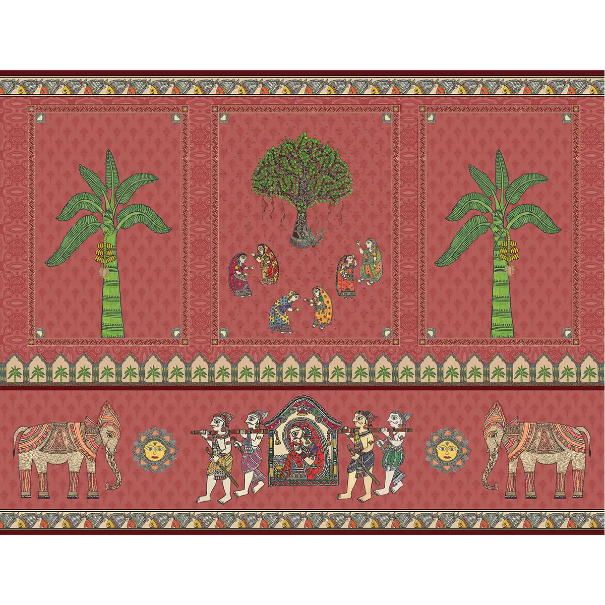 Janakpuri Jharoka Red Madhubani Wallpaper