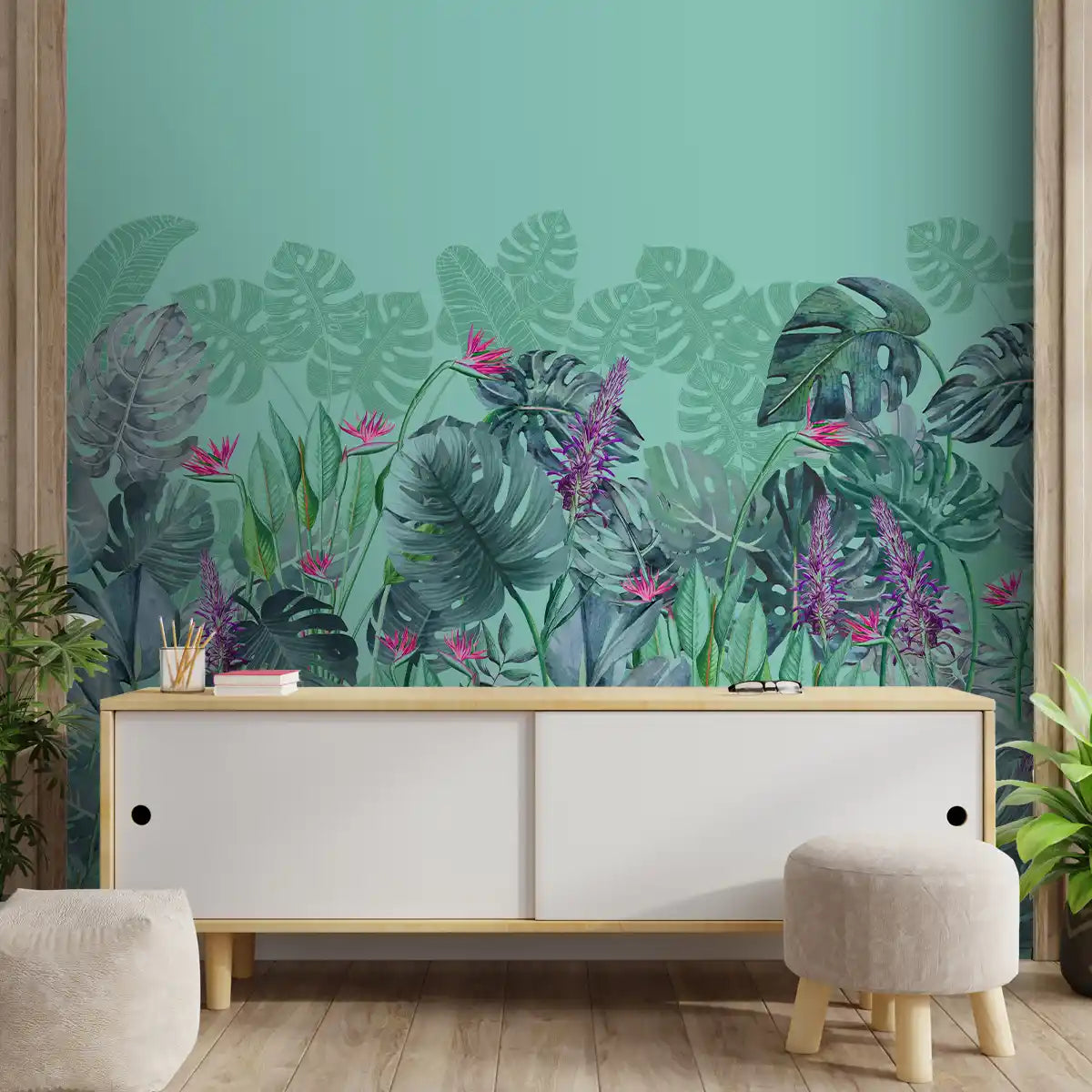 Charm, Nature Theme Based Tropical Wallpaper, Customised Teal