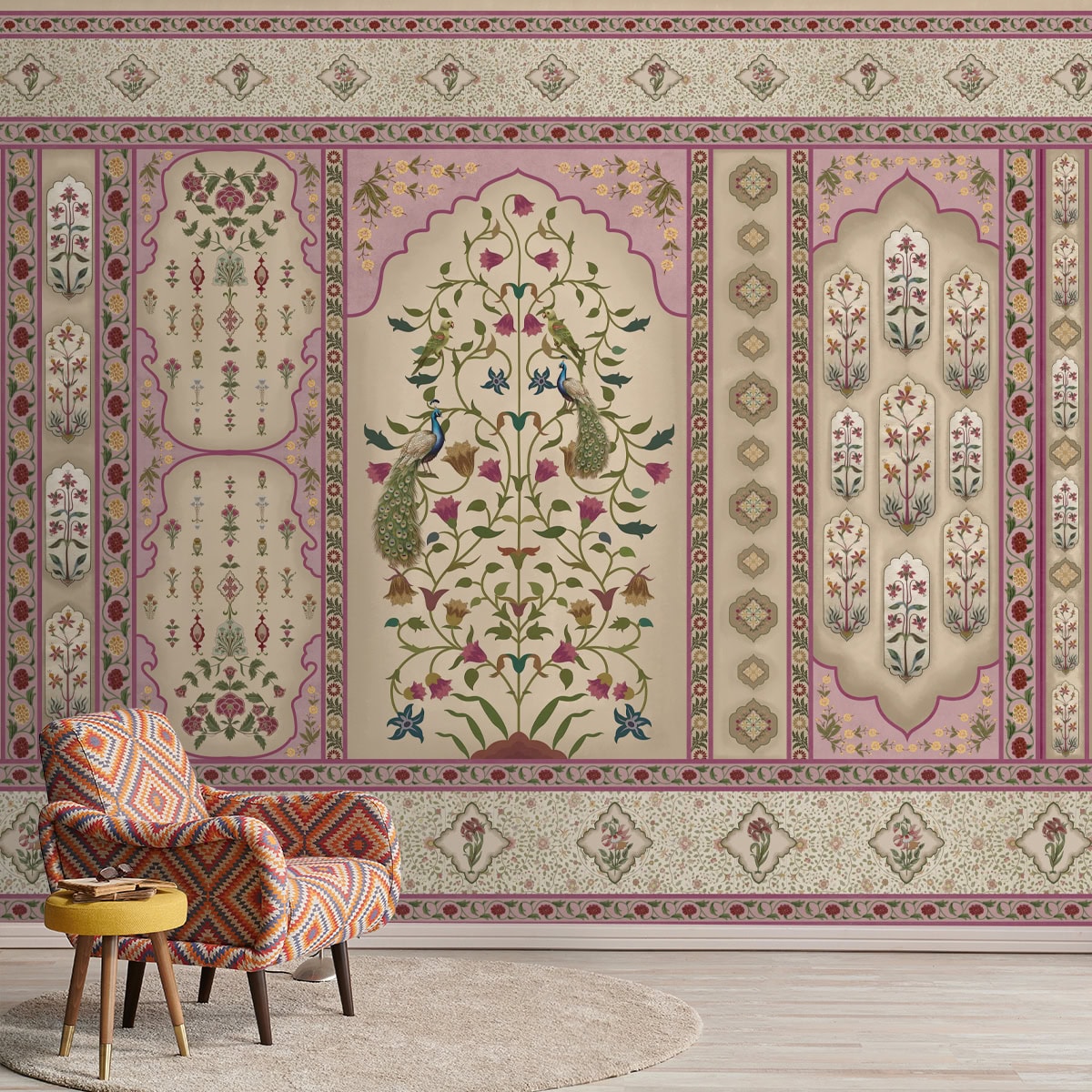 Madhuban Indian Floral Jharoka Wallpaper in Suneherii Collection Pink